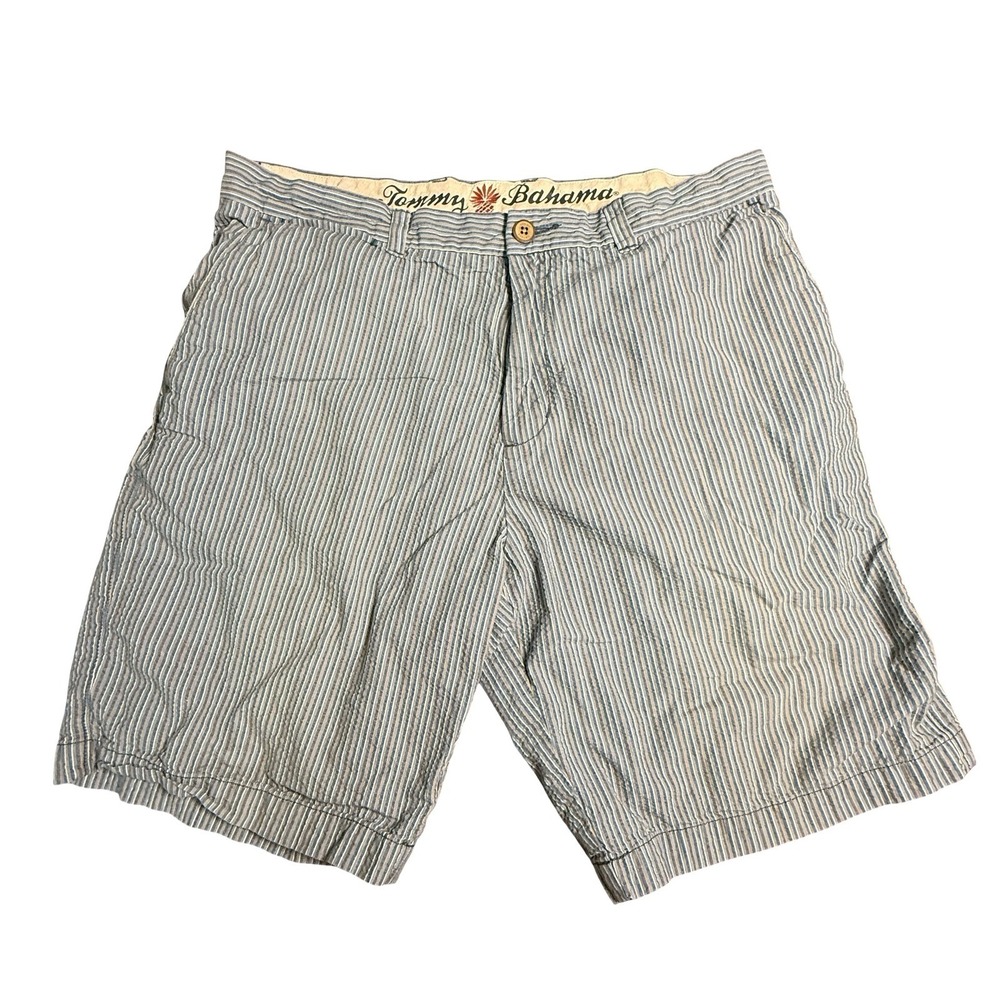 Tommy Bahama Paradise Nation Mens 35 Blue White‎ Tan Striped Seersucker Shorts